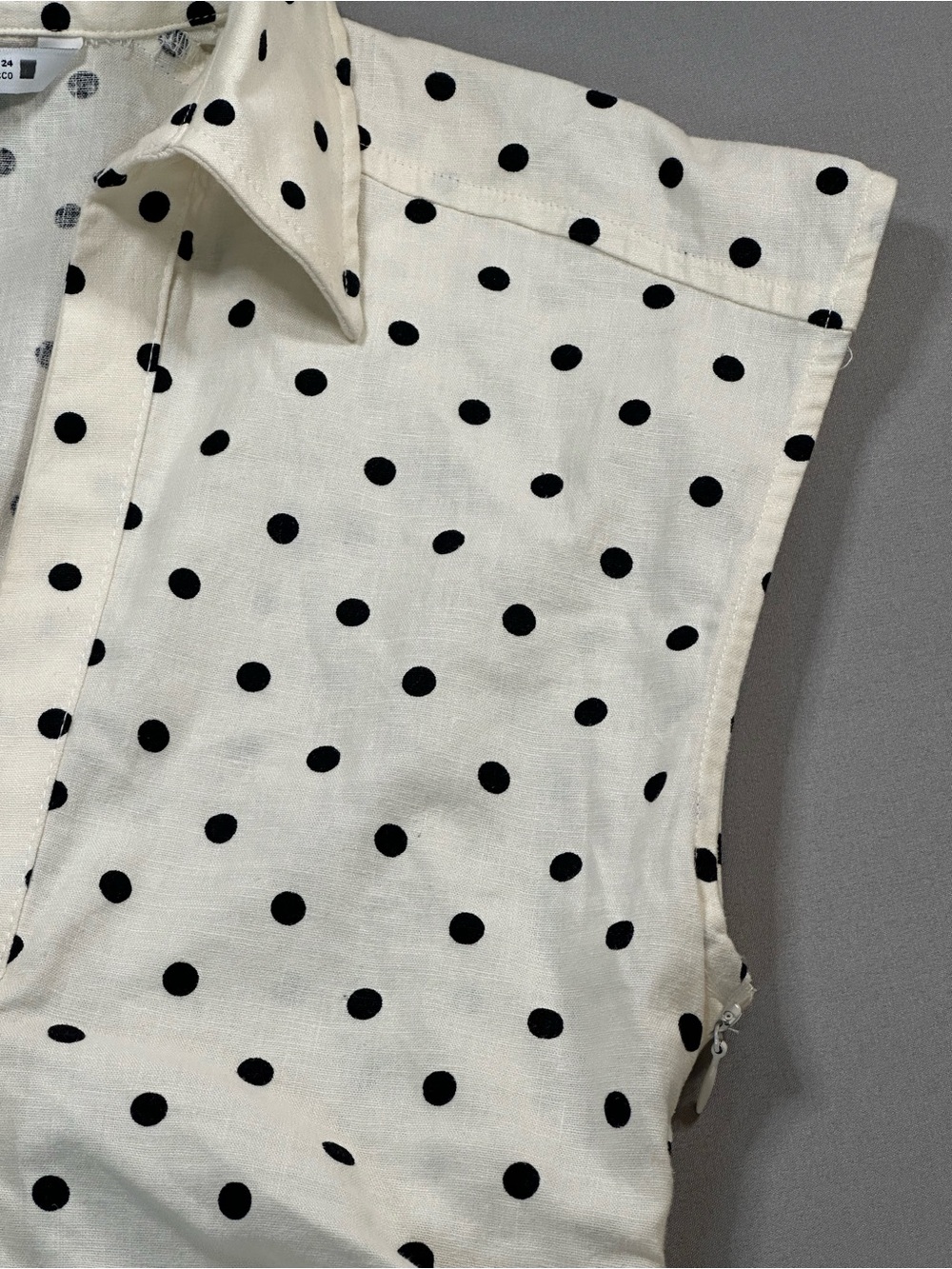 Zara Polka-Dot Linen-Blend Fitted Midi Dress, Cap Sleeve, Ruched - Womens XS - Picture 6 of 16